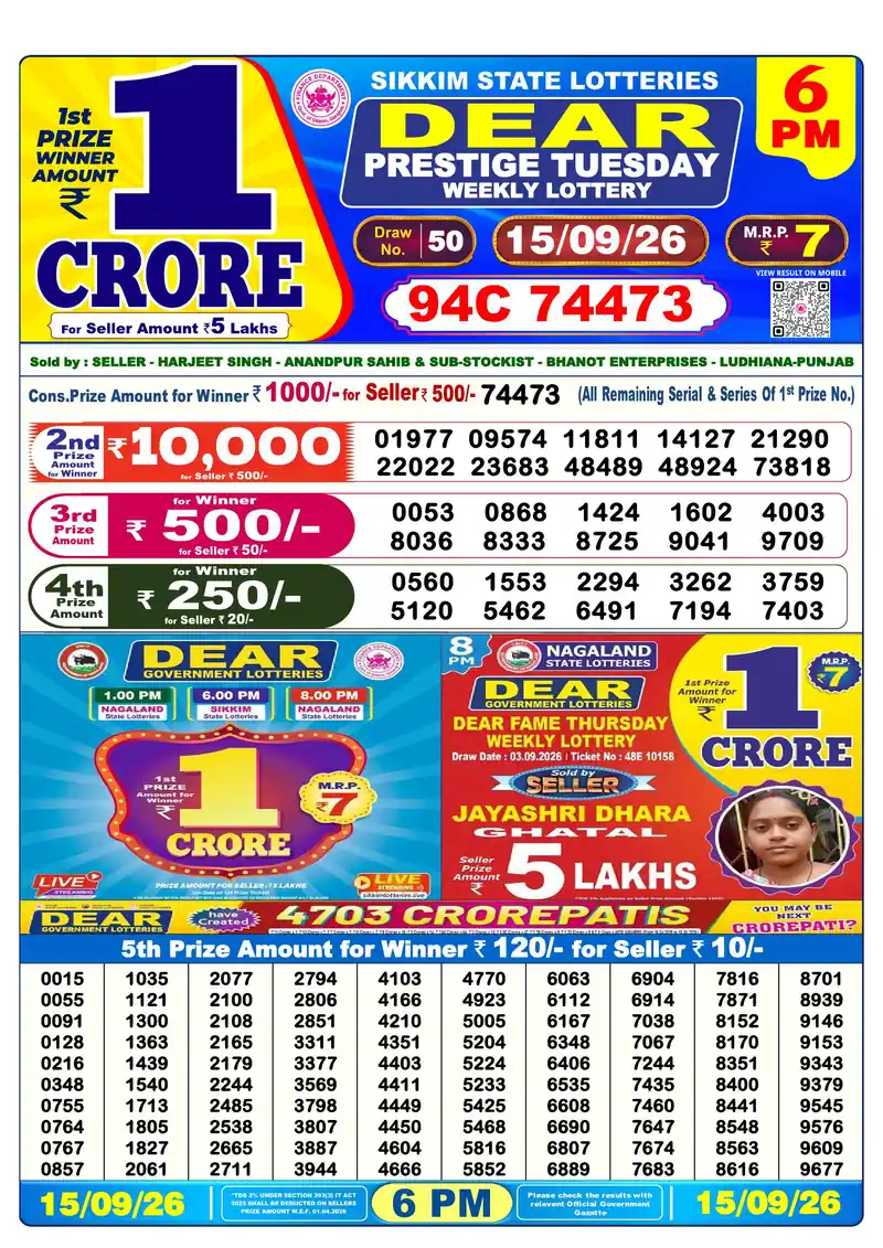 Sikkim Lottery Sambad Evening result September 15, 2026 - Dear Prestige, 6:00 PM winning numbers