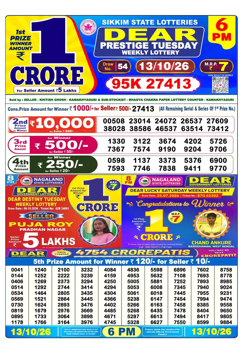 Sikkim Lottery Sambad Evening result October 13, 2026 - Dear Prestige, 6:00 PM winning numbers