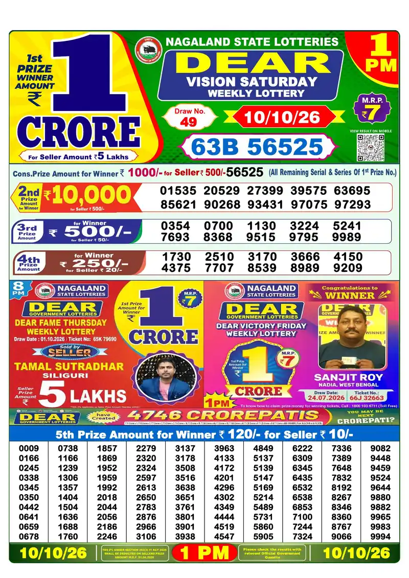 Nagaland Lottery Sambad Morning result October 10, 2026 - Dear Vision, 1:00 PM winning numbers