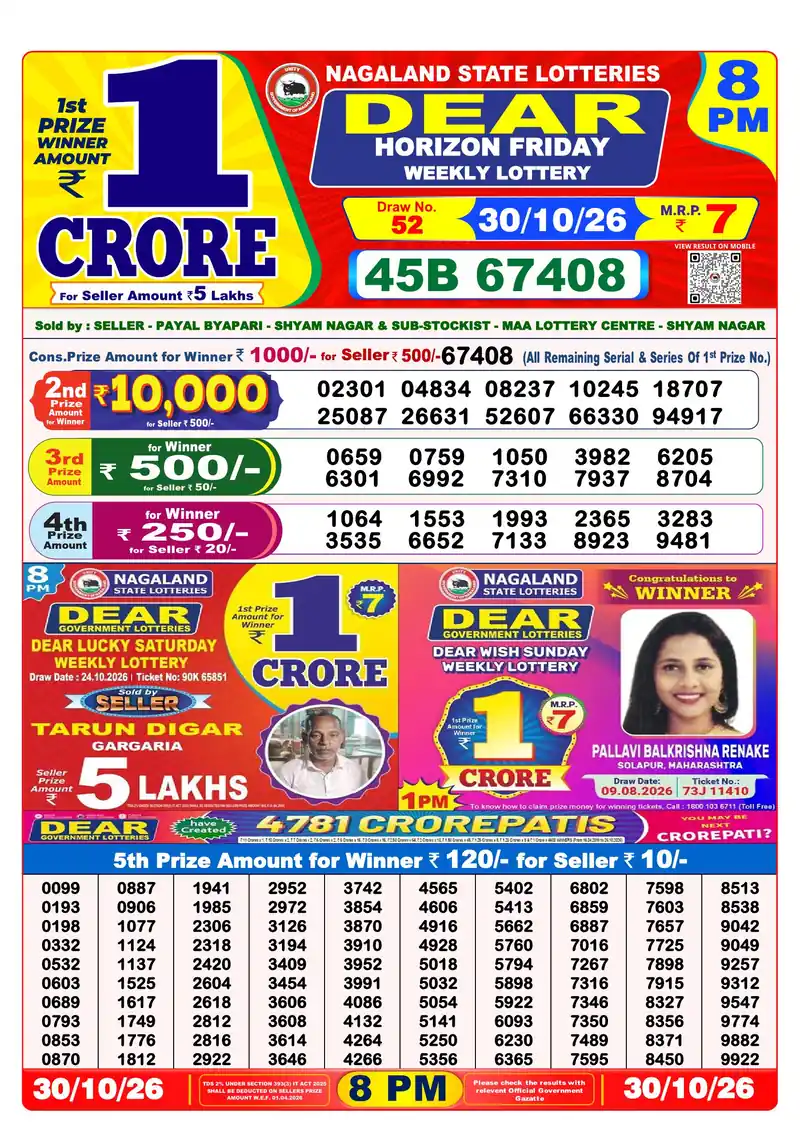 Nagaland Lottery Sambad Night result October 30, 2026 - Dear Horizon, 8:00 PM winning numbers